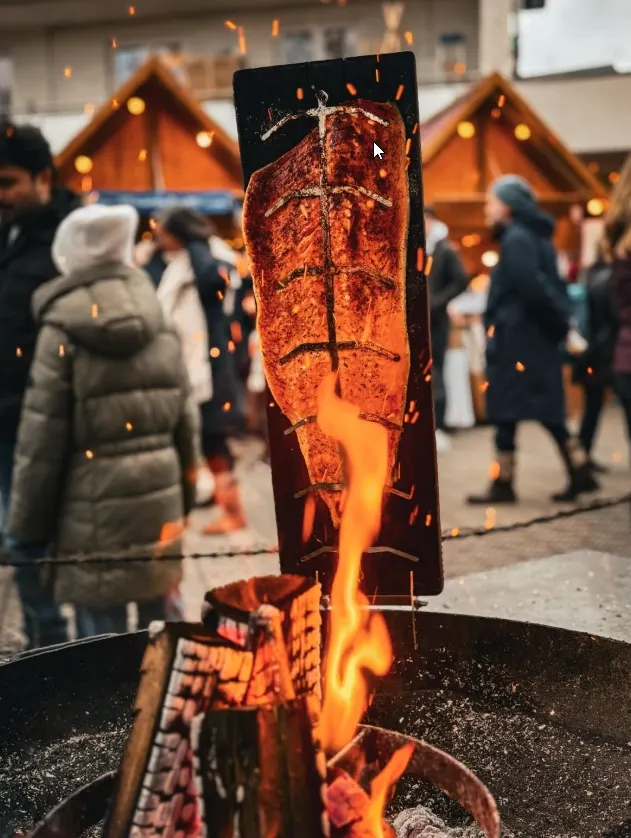 Lachsfilet auf einer Holzplanke, aufrecht am offenen Buchenholzfeuer, Funken fliegen