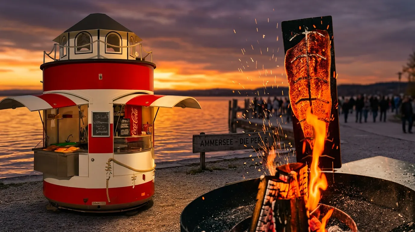 Der Leuchtturm-Stand am Ammersee im Abendlicht, daneben ein Flammlachs am offenen Feuer